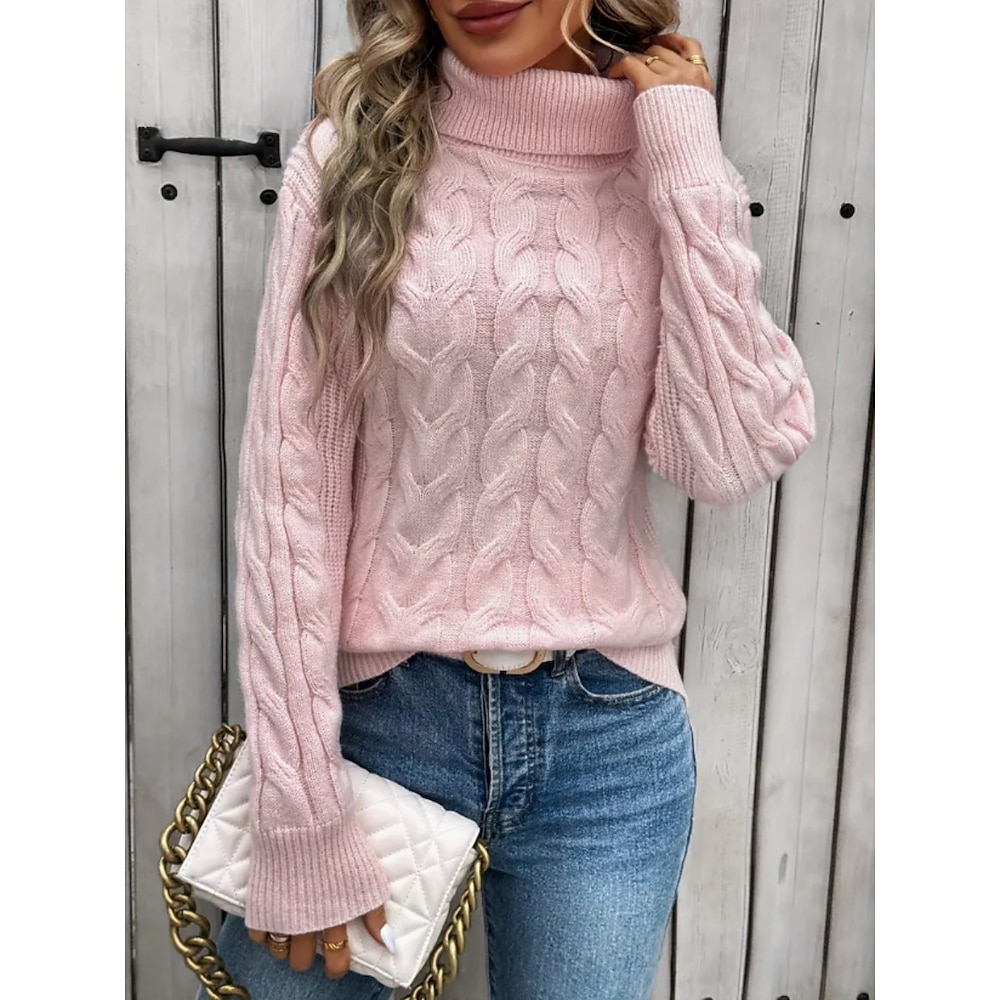 Damen Pullover Rollkragen Gedrehtes Stricken Polyester Strick Herbst Winter Standard Outdoor Täglich Wochenende Brautkleider schlicht Weich Langarm Einfarbig Rosa Khaki S M L Lightinthebox