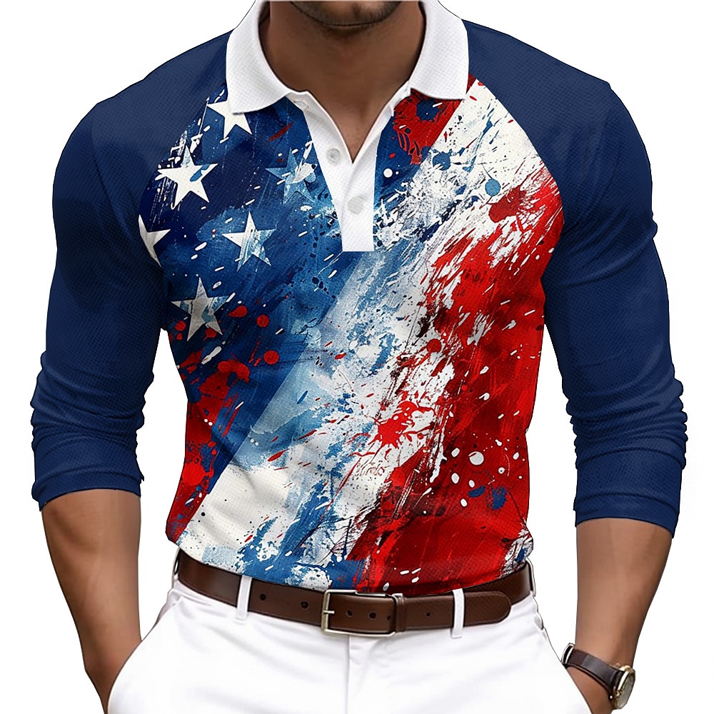 Herren Amerikanische US-Flagge Patriotisch Poloshirts Golfhemd Langarm Polo-Shirts Hemden mit Kragen Brautkleider schlicht Alltagskleidung Knopf 3D-Druck Blau Lightinthebox