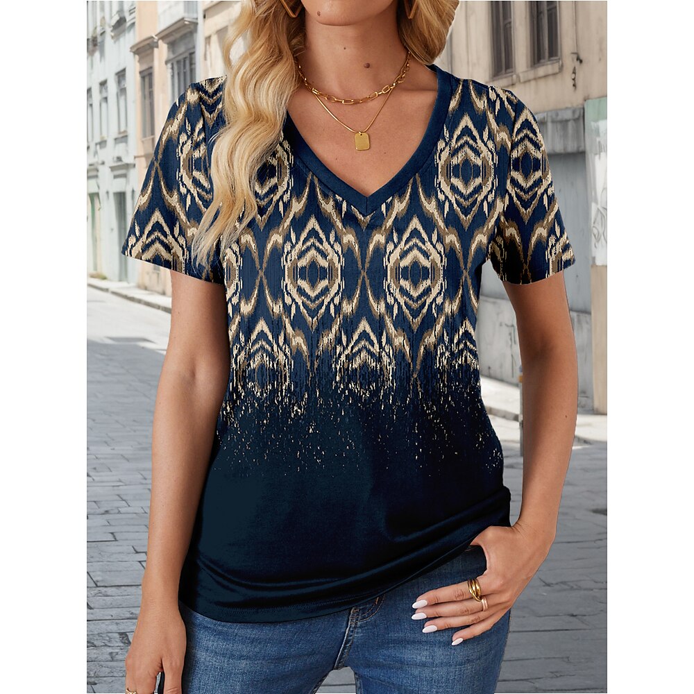 Damen T-Shirt 100% Baumwolle stilvoll lässig Print Kurzarm normale Oberteile V-Ausschnitt Alltag Marineblau Sommer Frühling Lightinthebox