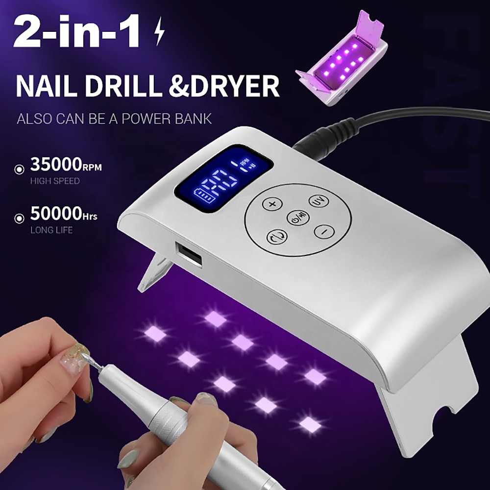 2-in-1 tragbarer elektrischer Nagelbohrer, kompakt, 35.000 U/min, elektrisches professionelles Nagelfeilen-Set, Nageltrockner, UV-Lampe, Maniküre für Acryl-Gelnägel, Maniküre- und Pediküre-Polier- und Formwerkzeuge Lightinthebox