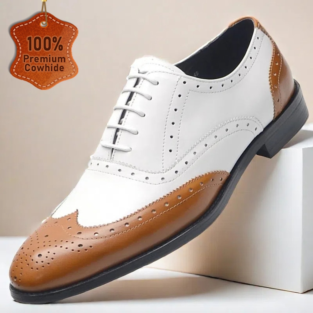 Herren-Oxford-Schuhe aus weißem und braunem Leder mit Brogue-Details - formelle Schuhe aus hochwertigem Rindsleder für Business und besondere Anlässe Lightinthebox