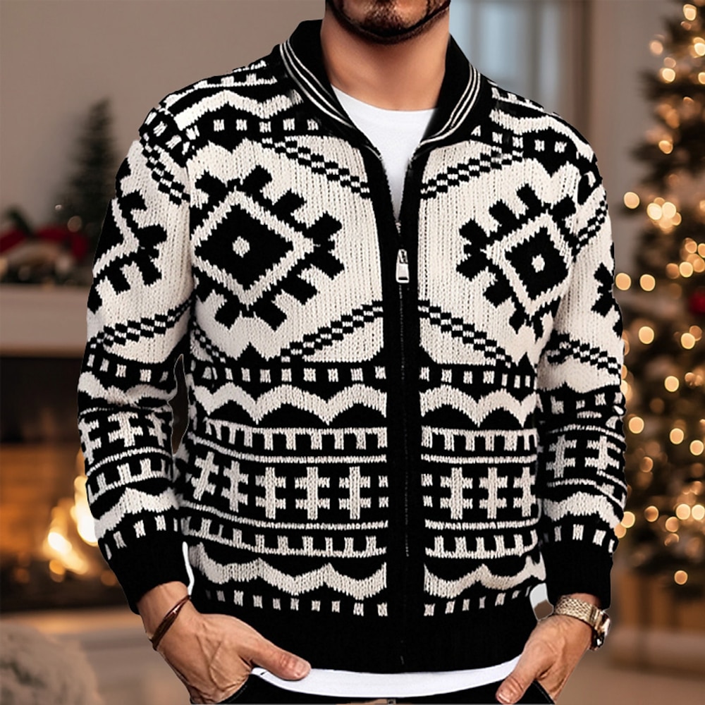 Herren Jacquard-Pullover Strickjacke Fair Isle Sweater Weihnachtspullover Cardigan-Mantel Gerippt Grobstricken Stricken Standard Knopf Strick Schneeflocke Schalrevers Weihnachten Vintage Lightinthebox