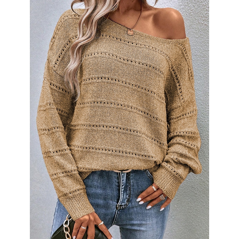 Damen Pullover Rundhalsausschnitt Gerippt Stricken Polyester Strick Loch Frühling Herbst Standard Outdoor Täglich Wochenende Brautkleider schlicht Weich Langarm Einfarbig Blau Khaki Grau S M L Lightinthebox