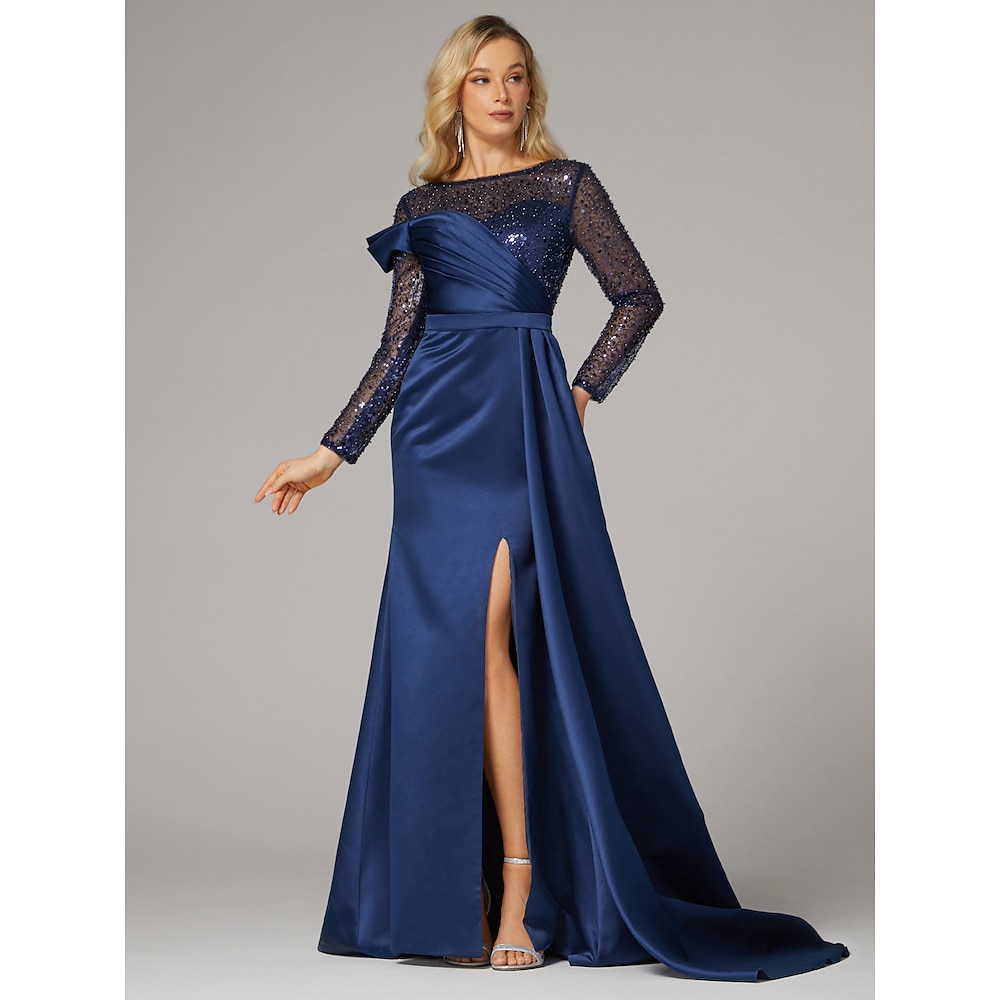 Trompete / Meerjungfrau Abendkleider Elegant Kleid Formal kleid hochzeitsgast Bodenlanger Rock Langarm Schmuck Charmeuse mit Gerafft Perlen Verzierung Paillette 2024 Lightinthebox