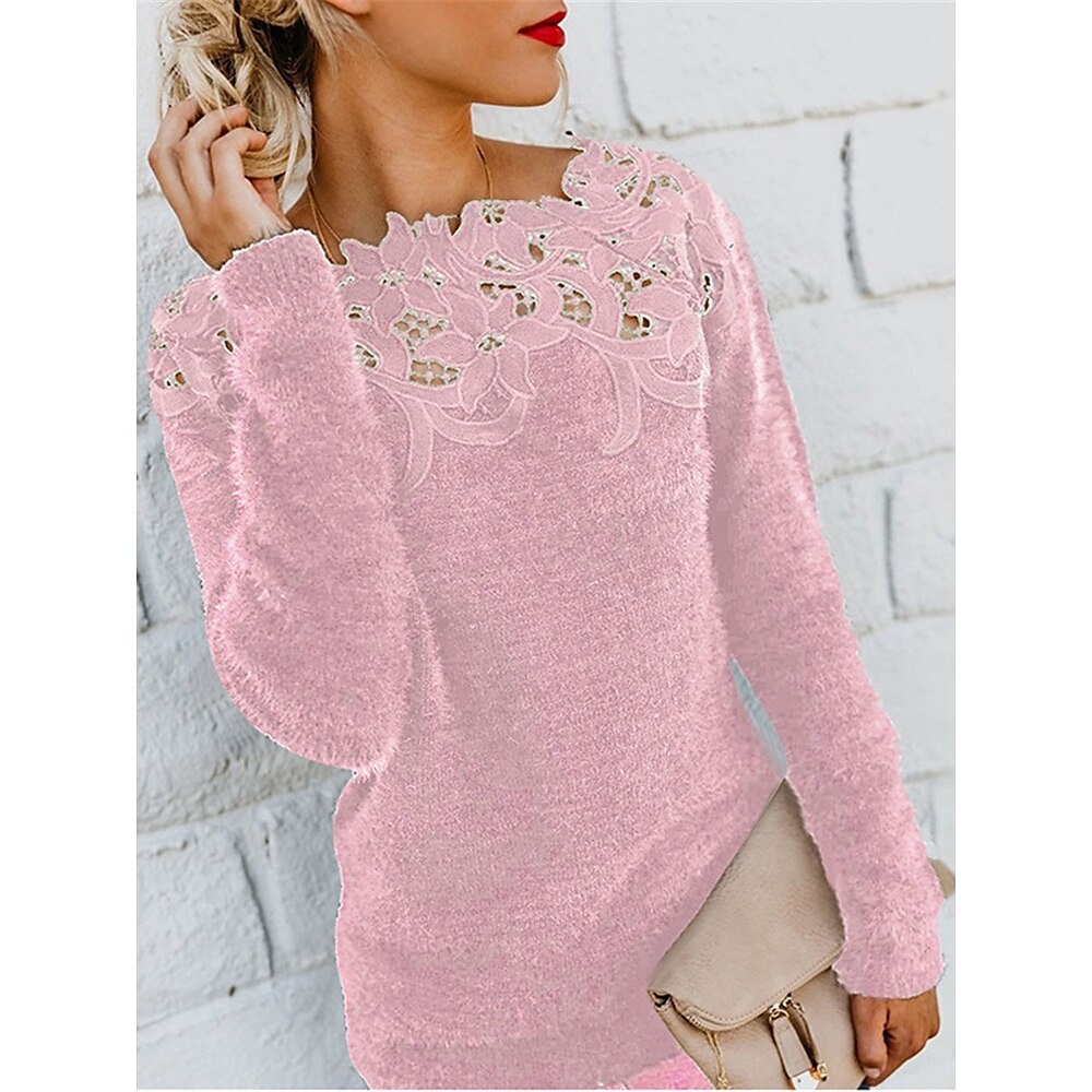 Damen Pullover Brautkleider schlicht Weich Einfarbig Gerippt Rundhalsausschnitt Spitze Strick Langarm Normale Oberteile Stricken Outdoor Täglich Wochenende Schwarz Rosa Herbst Winter Lightinthebox