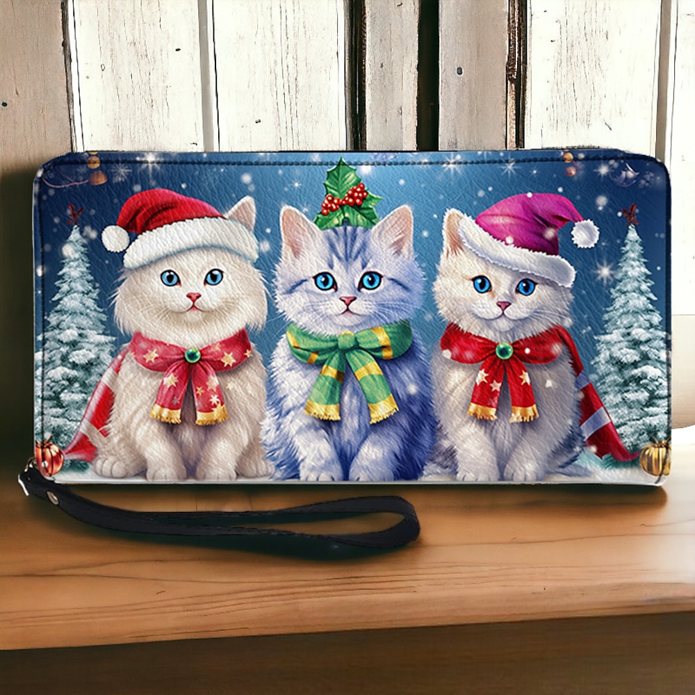 Damen Geldbeutel Geldbörse Geldbörse für Kreditkarteninhaber PU-Leder Weihnachten Einkauf Casual Reißverschluss Bedruckt Mehrere Taschen Hohe Kapazität Langlebig Katze Dunkelgrau Schwarz Marinenblau Lightinthebox