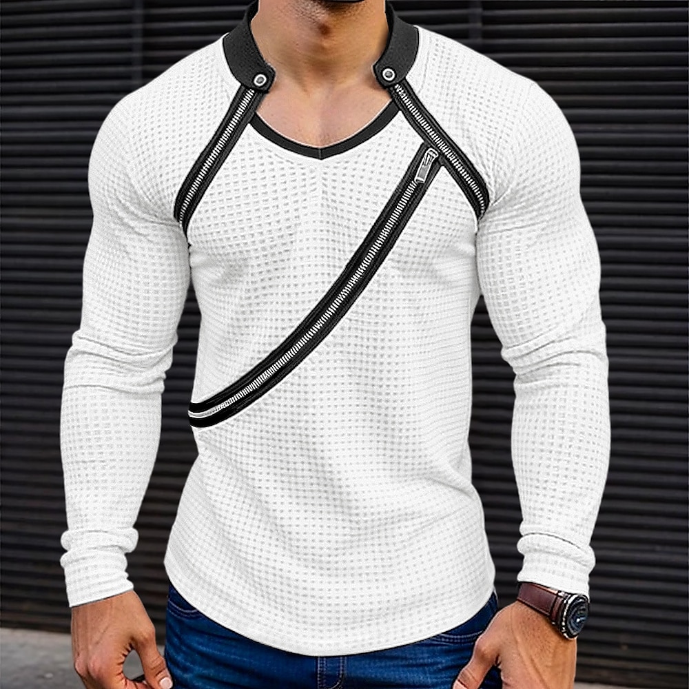 Herren T-Shirt mit Waffelmuster T-Shirt langarmshirt Feste Farbe V Ausschnitt Outdoor Strasse Langarm Zip Bekleidung Modisch Strassenmode Täglich Designer Lightinthebox