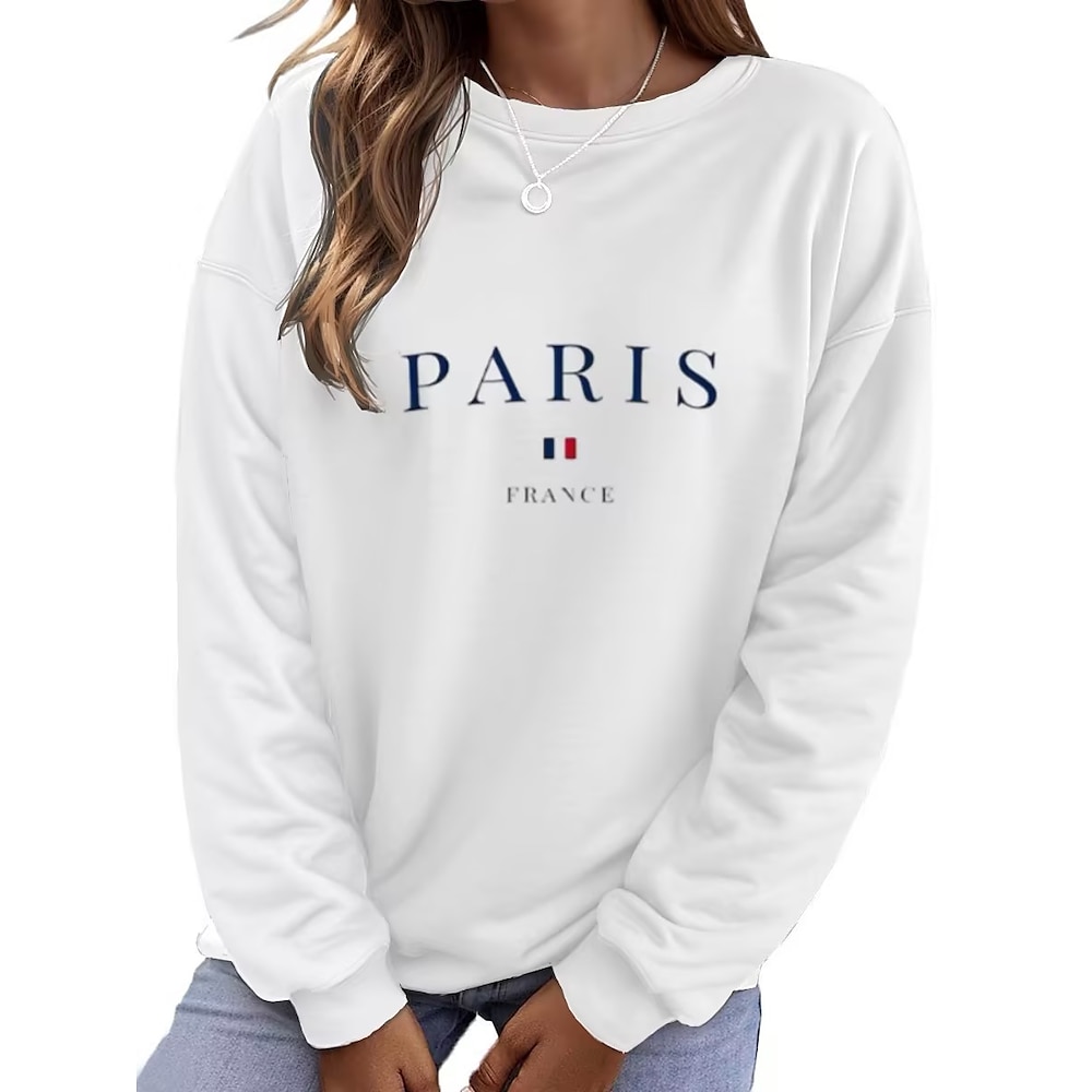 Sweatshirt für Damen, 85 % Baumwolle, Baumwollmischung, Rundhalsausschnitt, Paris-Print, lange Ärmel, Herbst/Winter Lightinthebox