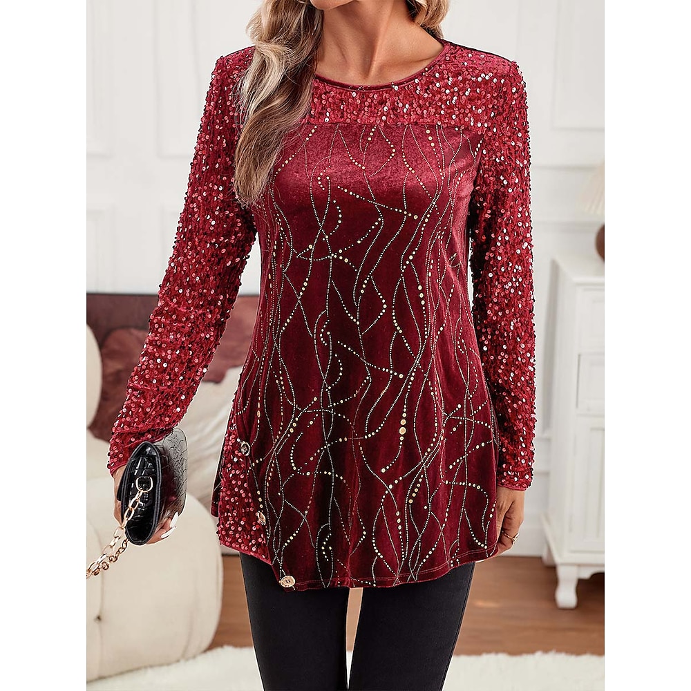 Damen Hemd Bluse velvet Pailletten Täglich Basic Brautkleider schlicht Langarm Rundhalsausschnitt Rote Herbst Winter Lightinthebox