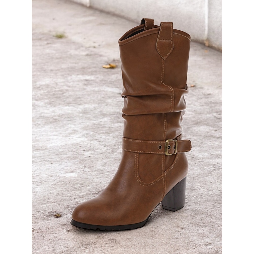 braune kniehohe Damenstiefel mit Schnallendetails und Blockabsatz - klassisches und vielseitiges Schuhwerk für lässige und herbstliche Outfits Lightinthebox