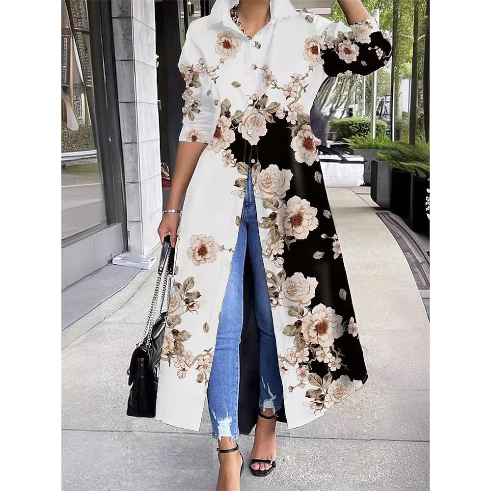 Damen Polyester Blumen Hemdkragen Maxidress Langarm Frühling Herbst Lightinthebox