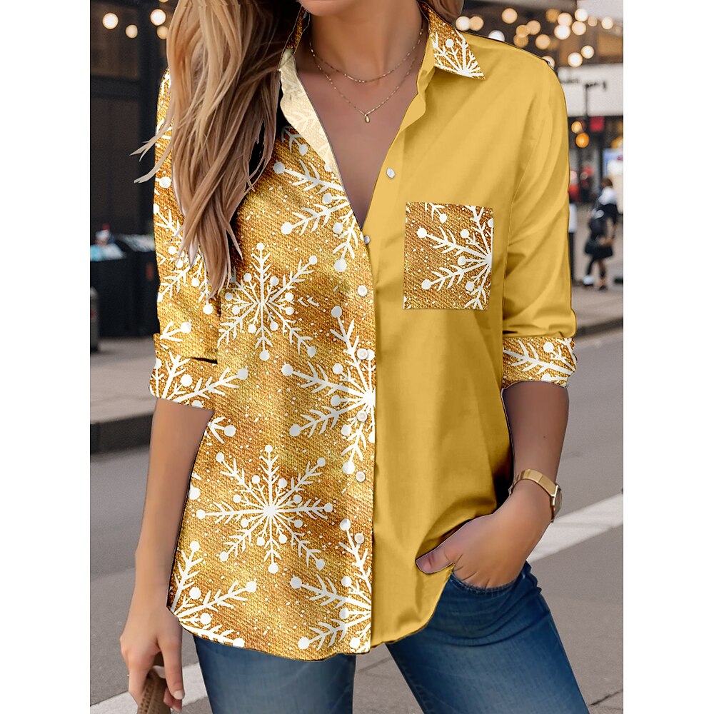 Weihnachtsshirt Damen Hemd Bluse Polyester Patchwork Knopf Bedruckt Weihnachten Täglich Weihnachten Vintage Brautkleider schlicht Langarm Hemdkragen Gold Herbst Winter Lightinthebox