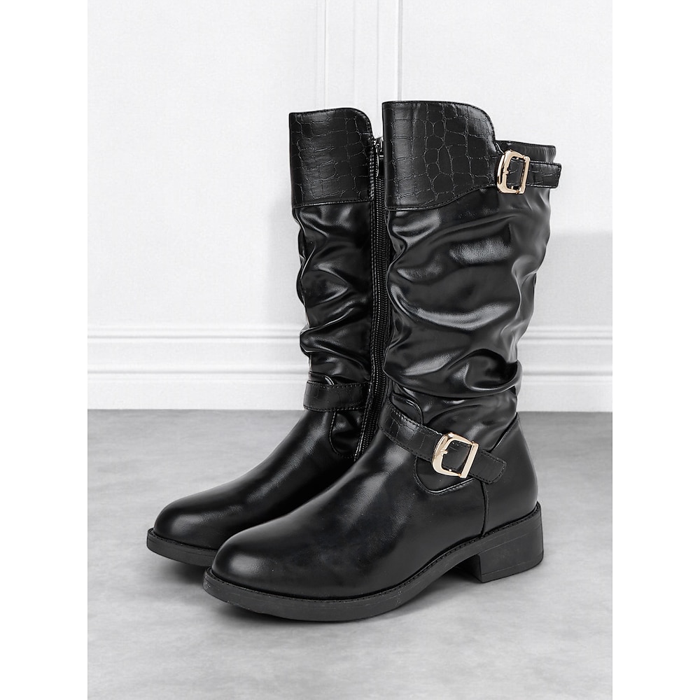 Damen Stiefel Slouchy-Stiefel Täglich Totenkopf Motiv Stiefel mit mittlerer Wade Schnalle Niedriger Absatz Runde Zehe Brautkleider schlicht Minimalismus Kunstleder Reißverschluss Schwarz Lightinthebox