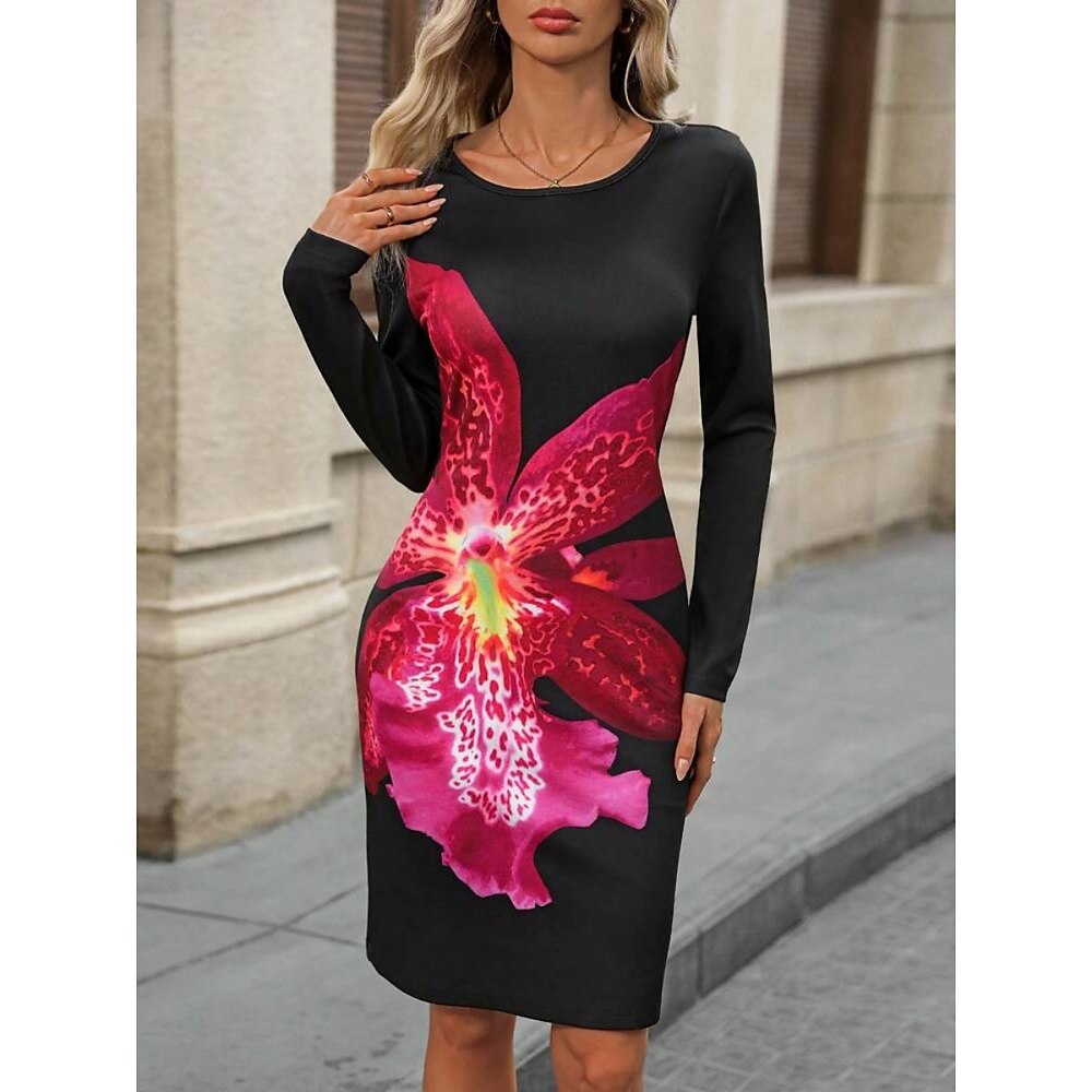 Damen Polyester Blumen Rundhalsausschnitt Minikleid Herbst Winter Lightinthebox