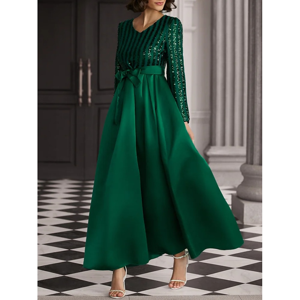 Damen Weihnachten Maxidress Semi formelles Kleid Feste Farbe Modisch Romantisch Hochzeit Party B¨¹ro Patchwork Zip Langarm V Ausschnitt Kleid Regular Fit Grün Frühling Herbst S M L XL XXL Lightinthebox