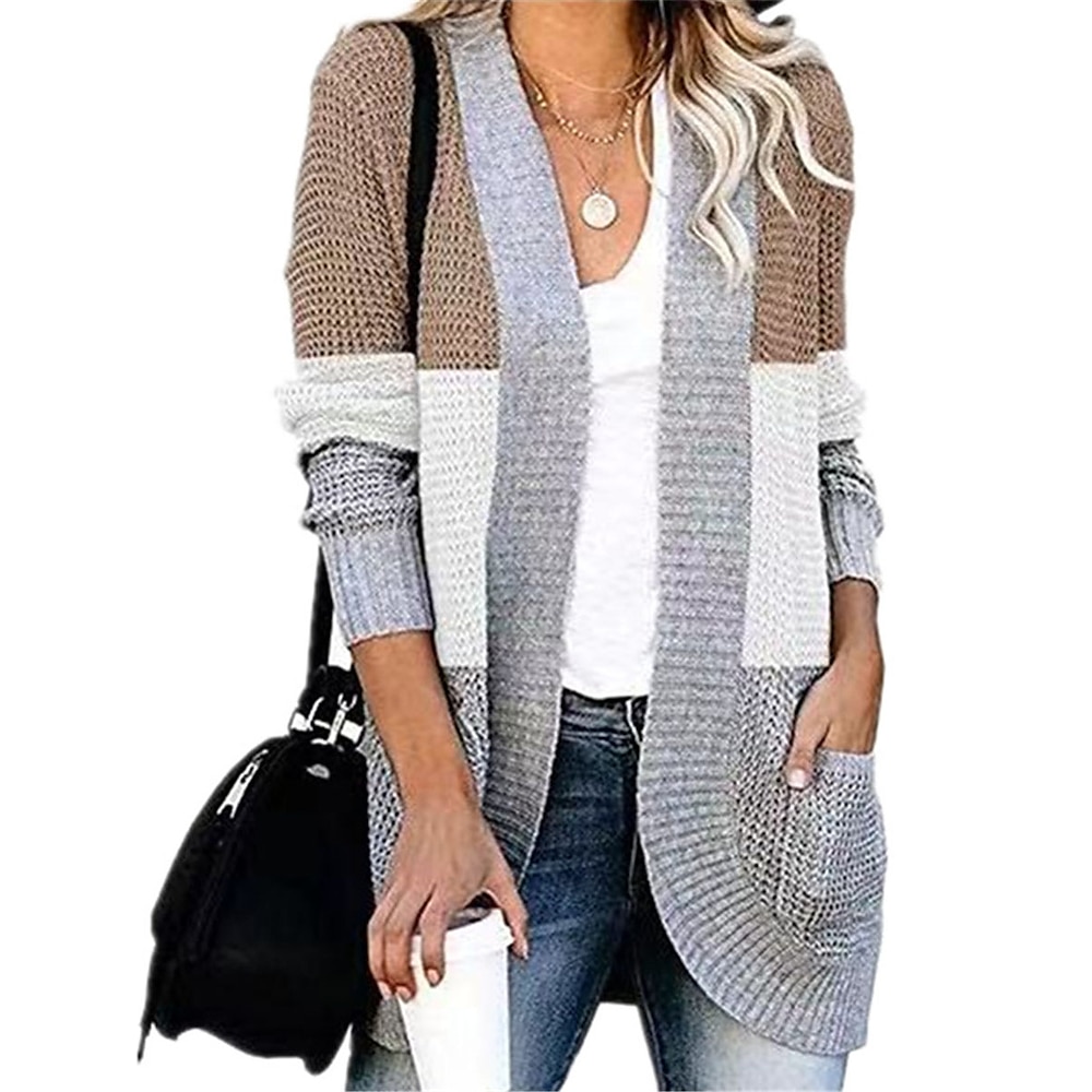 Damen Pullover Strickjacke Öffnung vorne Gerippt Stricken Nylon Tasche Strick Herbst Winter Lang Outdoor Täglich Wochenende Brautkleider schlicht Weich Langarm Gestreift Schwarz Gelb Grau S M L Lightinthebox