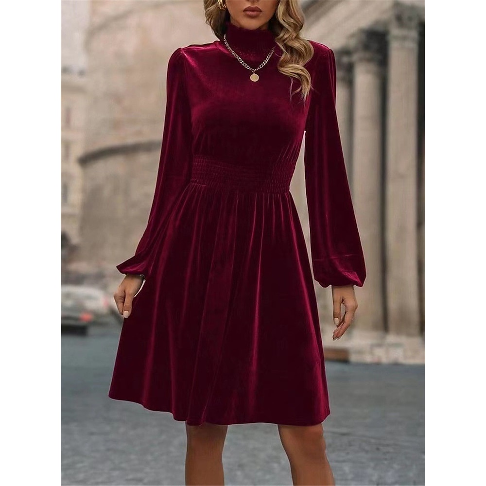 Damen velvet kleid Minikleid Rüschen Brautkleider schlicht Rollkragen Langarm Schwarz Wein Grün Farbe Lightinthebox