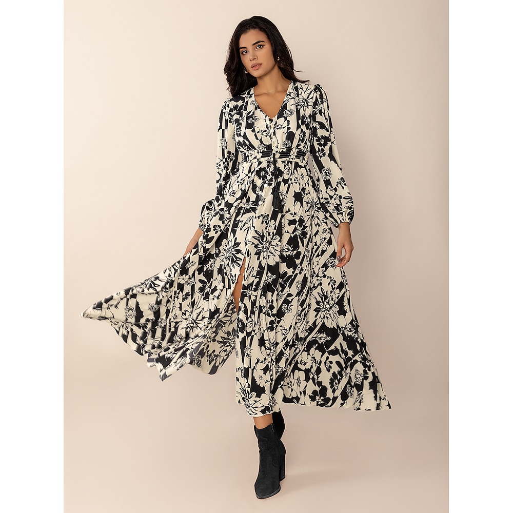 Damen Maxidress schwarzes kleid Boho-Kleid Blumen Geometrisch Retro Brautkleider schlicht Outdoor Täglich Verabredung Quaste Knopf Langarm V Ausschnitt Kleid Regular Fit Schwarz Herbst Winter S M L XL Lightinthebox