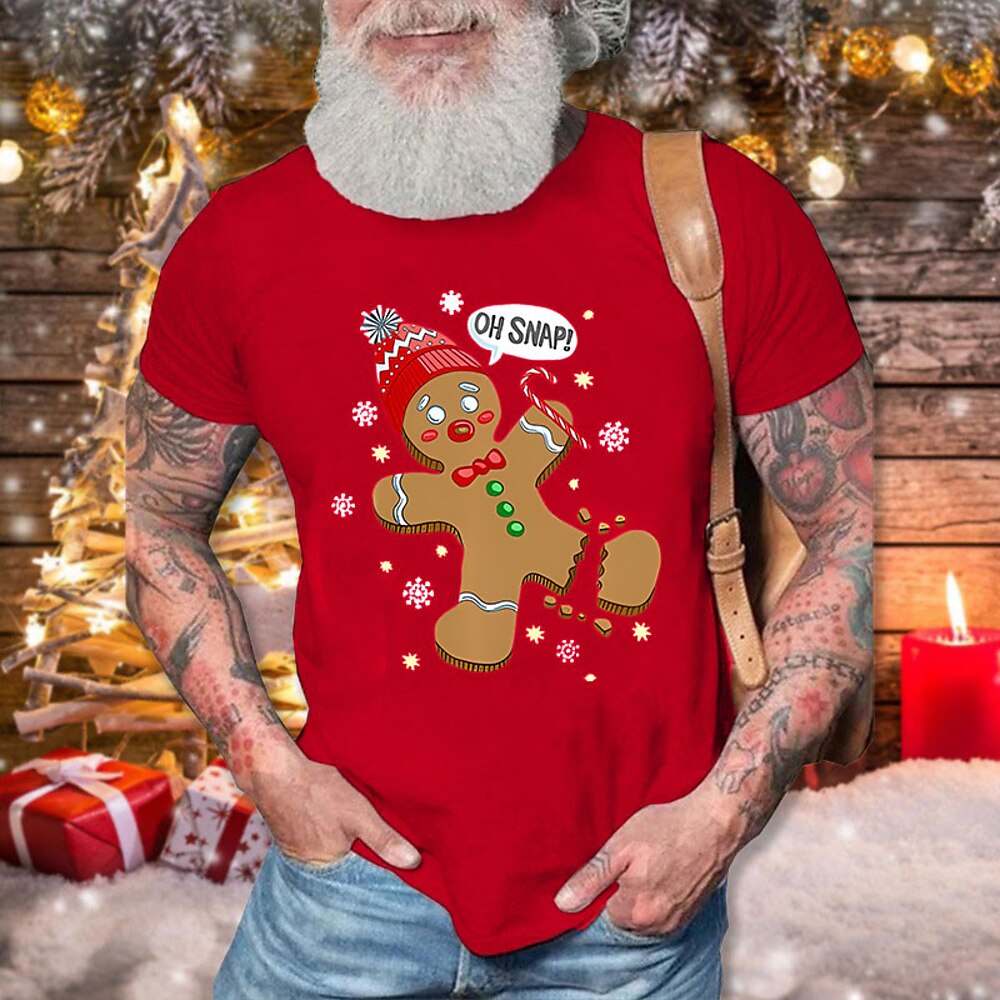 Weihnachts-T-Shirt mit Lebkuchenmann-Grafik für Herren, Lebkuchen, schwarz, weiß, rot, T-Shirt mit Grafik, Baumwolle, Sport, klassisch, kurzärmelig, bequemes T-Shirt, Sport, Outdoor, Urlaub, Sommer, Lightinthebox