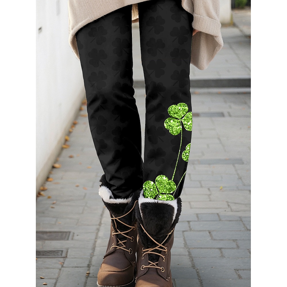 Damen St. Patrick's Day Leggings Kleeblatt volle Länge schwarz Herbst Lightinthebox