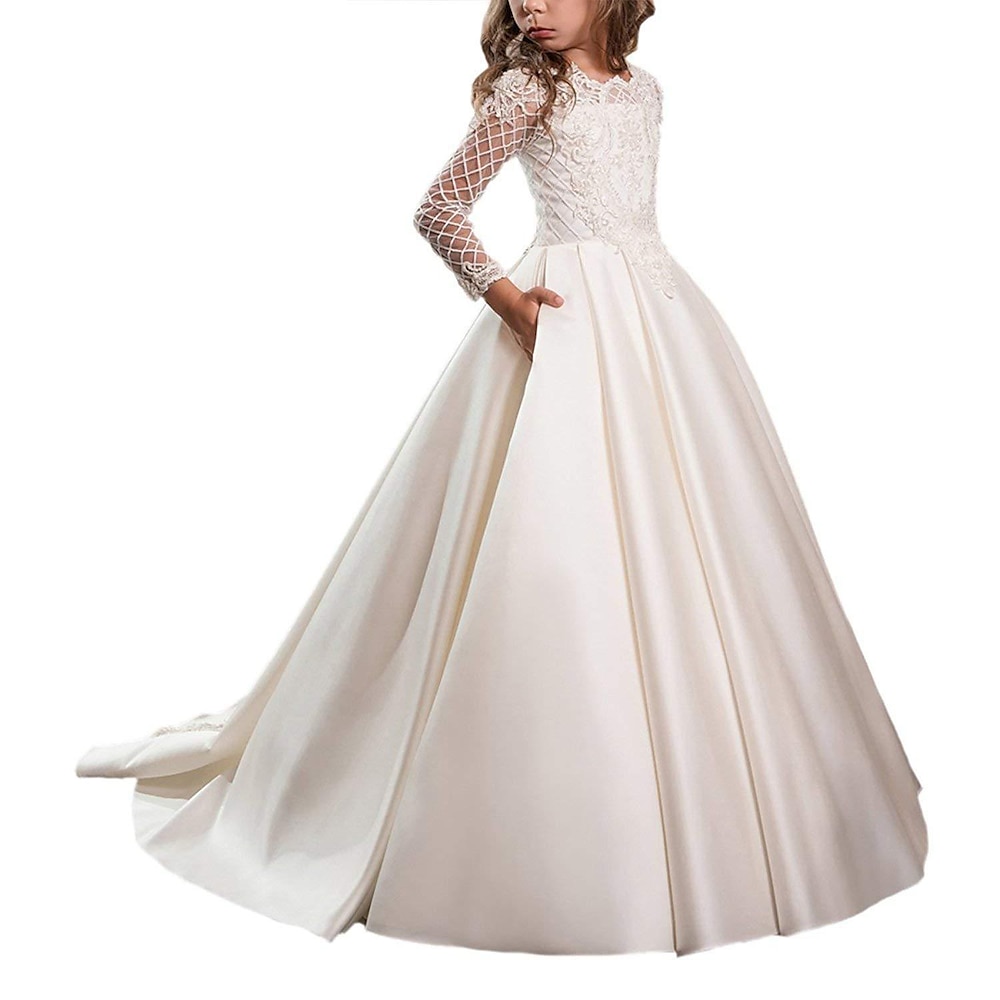 Blumenmädchenkleid Mädchen Kleid für die Erstkommunion Party Kleid Leistung Hochzeit Party Prinzessin Süß Gitter Feste Farbe Ärmellos Schulterfrei Weiß Champagner Kinder Lightinthebox