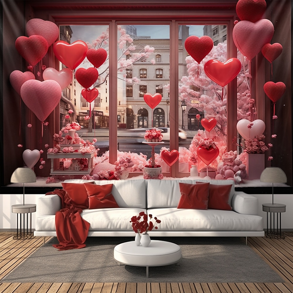 Valentinstag Wandteppich zum Aufhängen, Herz-Fenster-Wandkunst, großer Wandteppich, Wanddeko, Fotohintergrund, Decke, Vorhang, Zuhause, Schlafzimmer, Wohnzimmer, Dekoration Lightinthebox