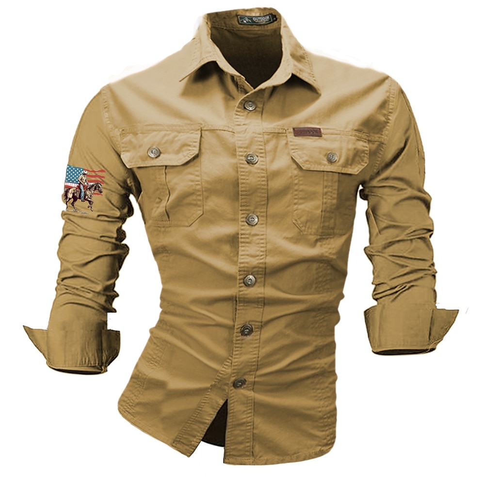 Herren Amerikanische US-Flagge Cowboy Hemd Cargo-Shirt Langarm Western Brautkleider schlicht Sport Natur Campen und Wandern Ausgehen Frühling Herbst Gefaltete Kragen Bedruckt Schwarz Weiß Armeegrün Lightinthebox