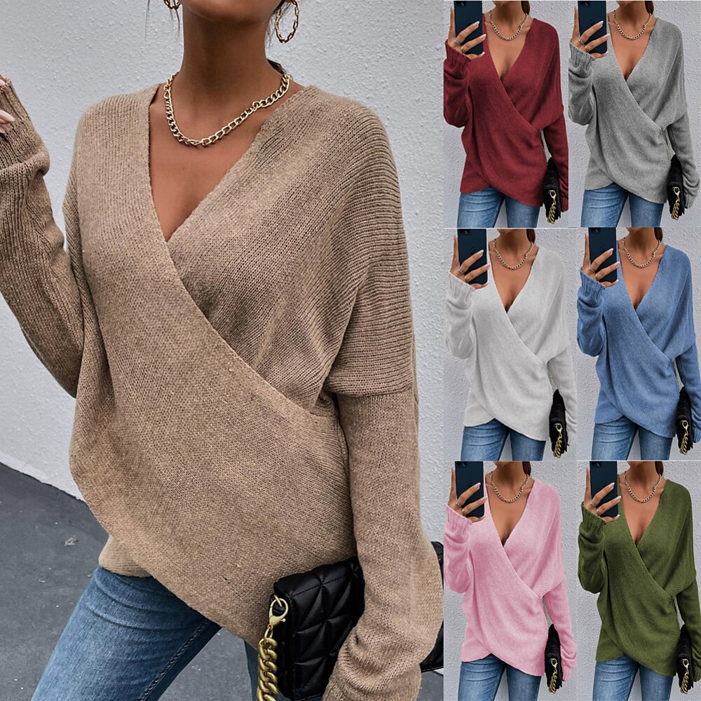 Damen Pullover Strickwaren Stricken Kreuz und quer Strick Feste Farbe V Ausschnitt Stilvoll Casual Täglich Festtage Drop-Schulter Winter Herbst Grün Blau Purpur S / Langarm / Regular Fit / Ausgehen Lightinthebox