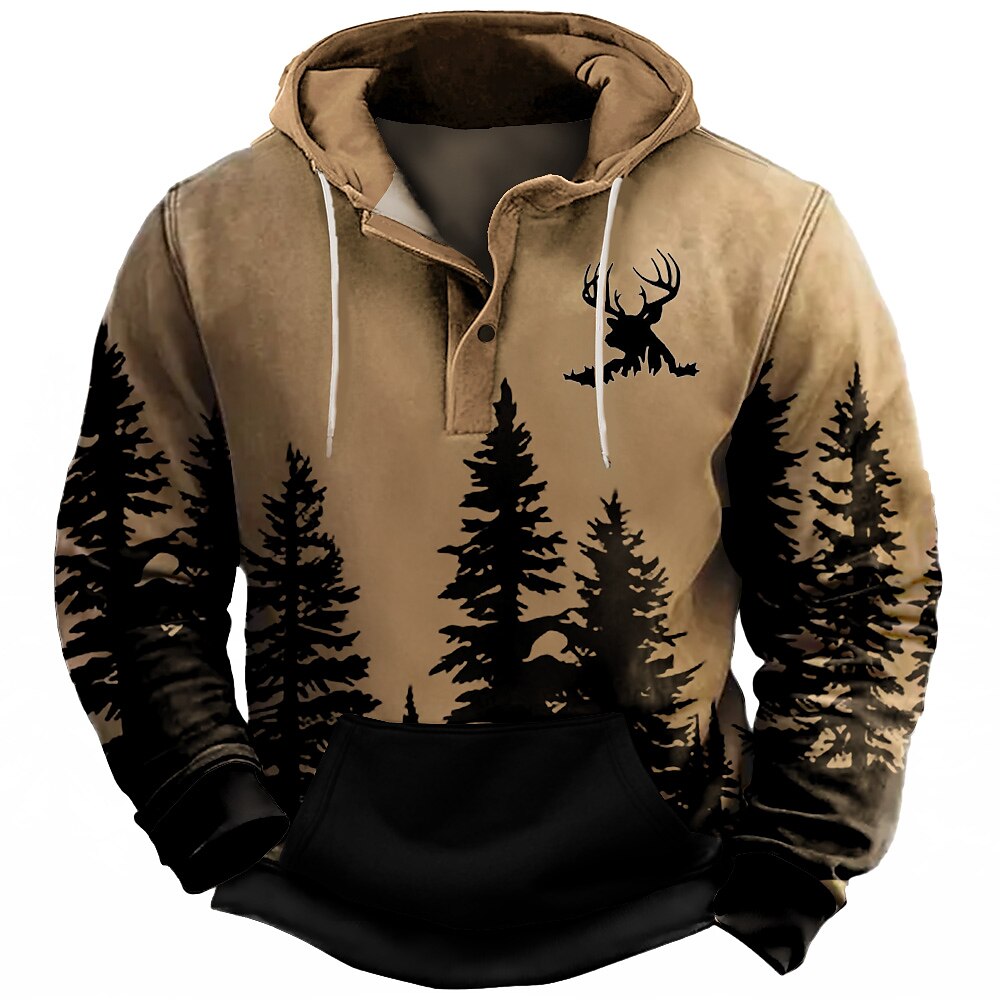 Herren Wald Hirsch Hoodie Sweatshirt Kapuze Pullover Hoodie Sweatshirt Kapuze Sweatshirt mit Kapuze Mit Kapuze Cowboy 3D-Druck Sports Outdoor Strassenmode Hellbraun Braun Tasche 3D-Druck Herbst Winter Lightinthebox