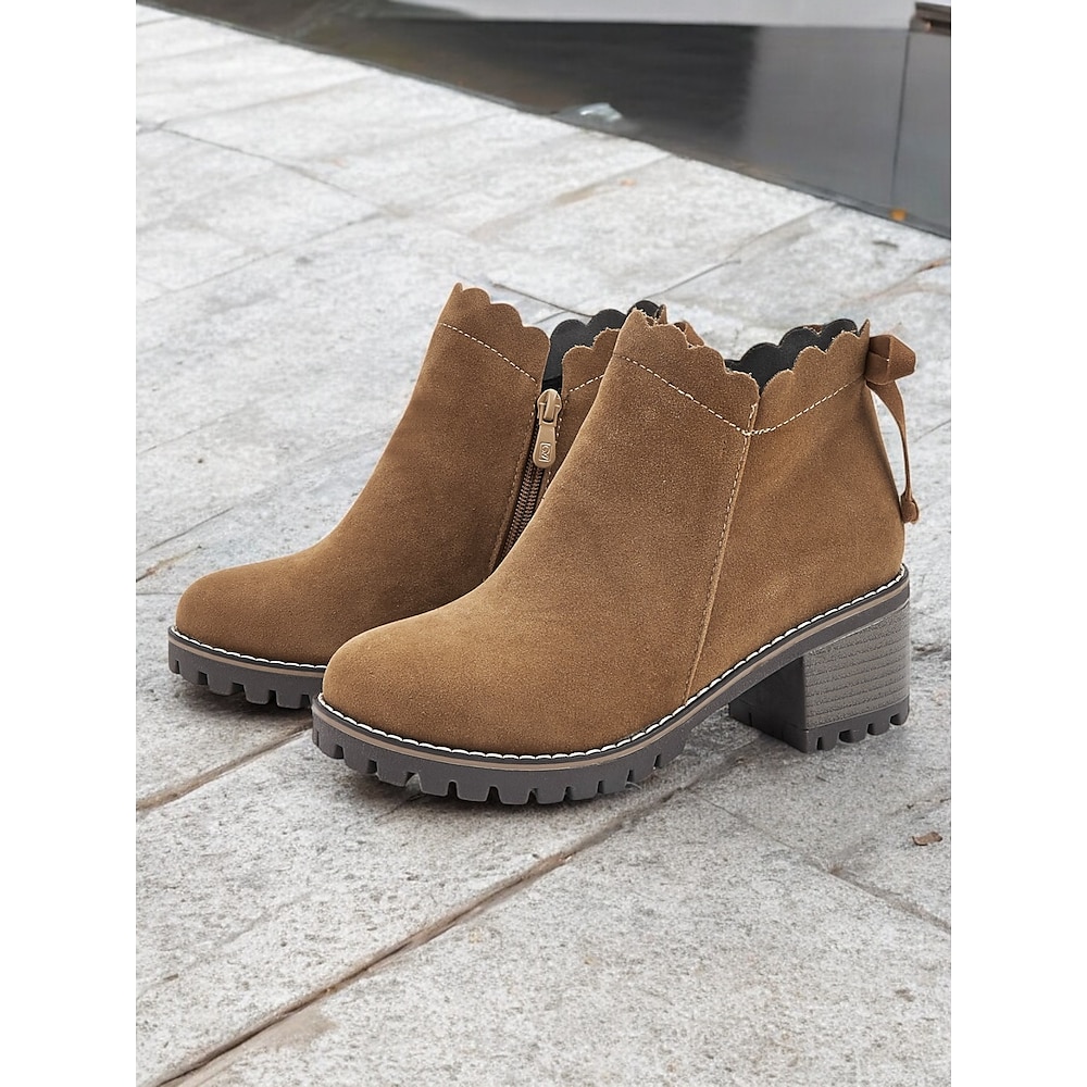 braune Wildlederstiefeletten für Damen mit gewelltem Rand und Blockabsatz - lässiger Vintage-Stil für jeden Tag Lightinthebox