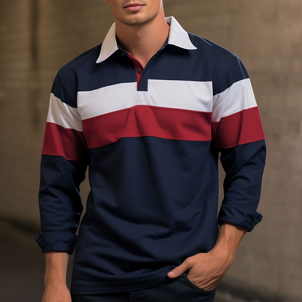 Herren Gestreift Poloshirts zum Suchbegriff: Rugby Langarm Polo-Shirts Kragen Brautkleider schlicht Formal Outdoor Alltagskleidung Knopf 3D-Druck Tintenblau Lightinthebox