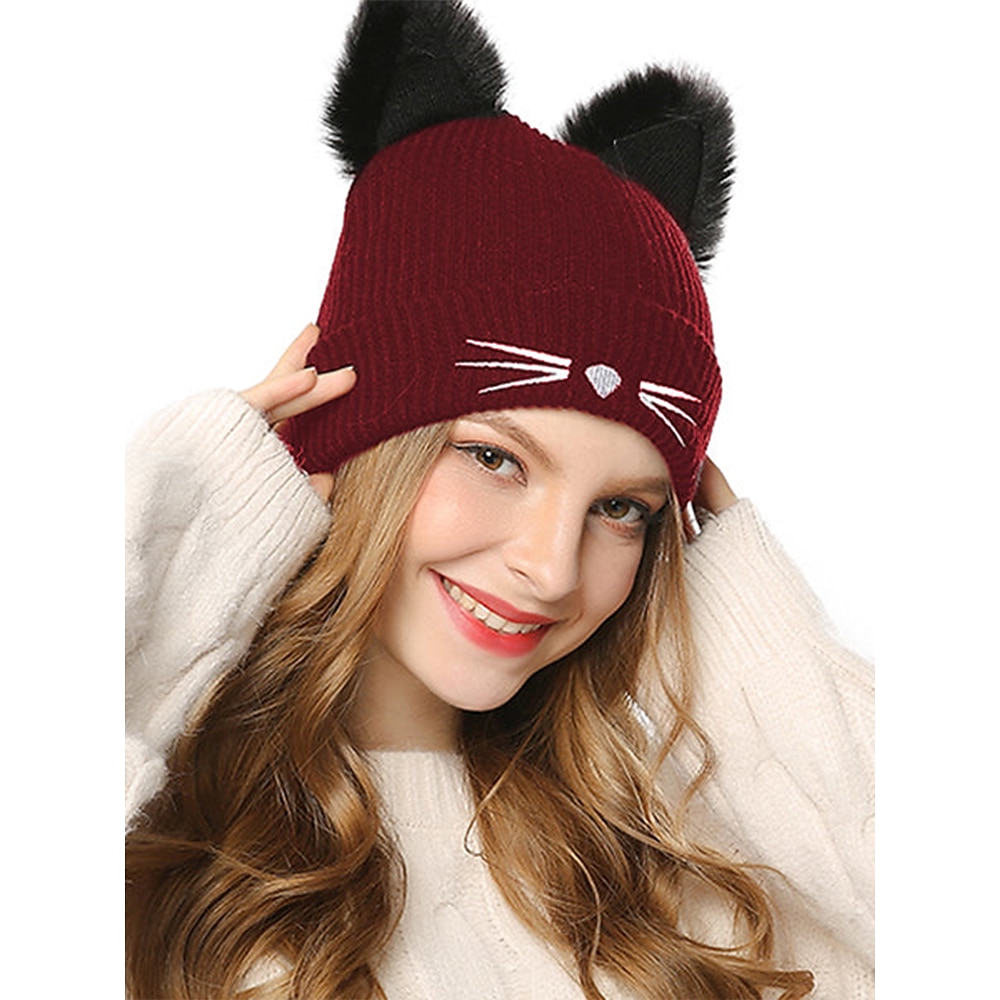 Süße Beanie mit Katzenohren für Damen - burgunderfarbene Strickmütze mit Kunstpelzohren und Schnurrhaarstickerei, gemütliches und stylisches Winteraccessoire Lightinthebox