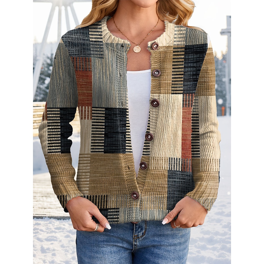 Damen Strickjacke Rundhalsausschnitt Gerippt Stricken Polyester Knopf Bedruckt Herbst Winter Lang Outdoor Wochenende Täglich Langarm Plaid Khaki M L XL Lightinthebox