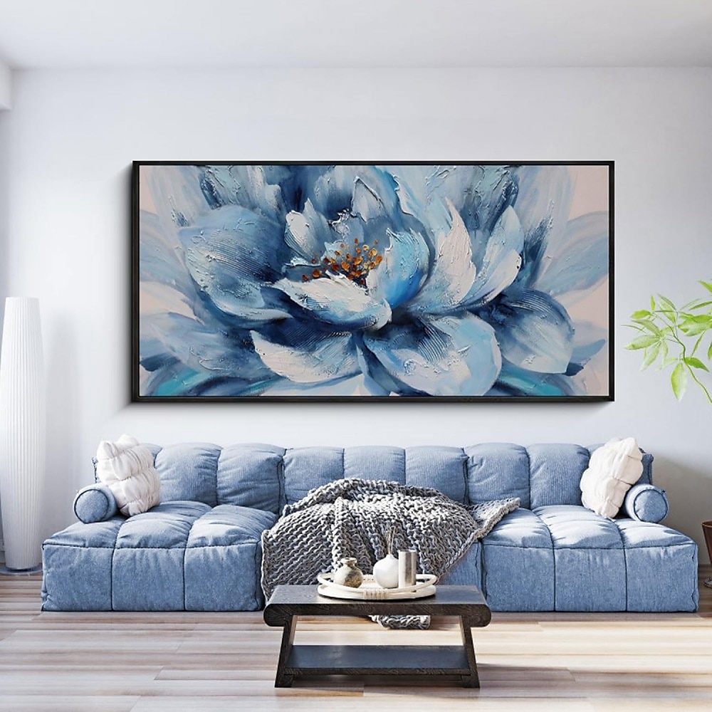 handgemachtes Ölgemälde Leinwand Wandkunst Dekoration modern abstrakt große blaue Blütenblätter Blumen für Wohnzimmer Wohnkultur gerollt rahmenlos ungedehntes Gemälde Lightinthebox