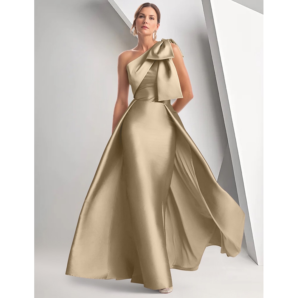 A-Linie Abendkleider Elegant Kleid Formal Weihnachten Boden-Länge Ärmellos Ein-Schulter Hochzeitsgast im Herbst Satin mit Schleife(n) 2024 Lightinthebox