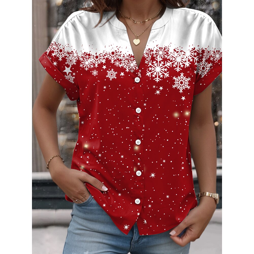 Damen Bluse Bedruckt Weihnachten Arbeit Stilvoll Modern Kurzarm Hemdkragen Rote Frühling Herbst Lightinthebox