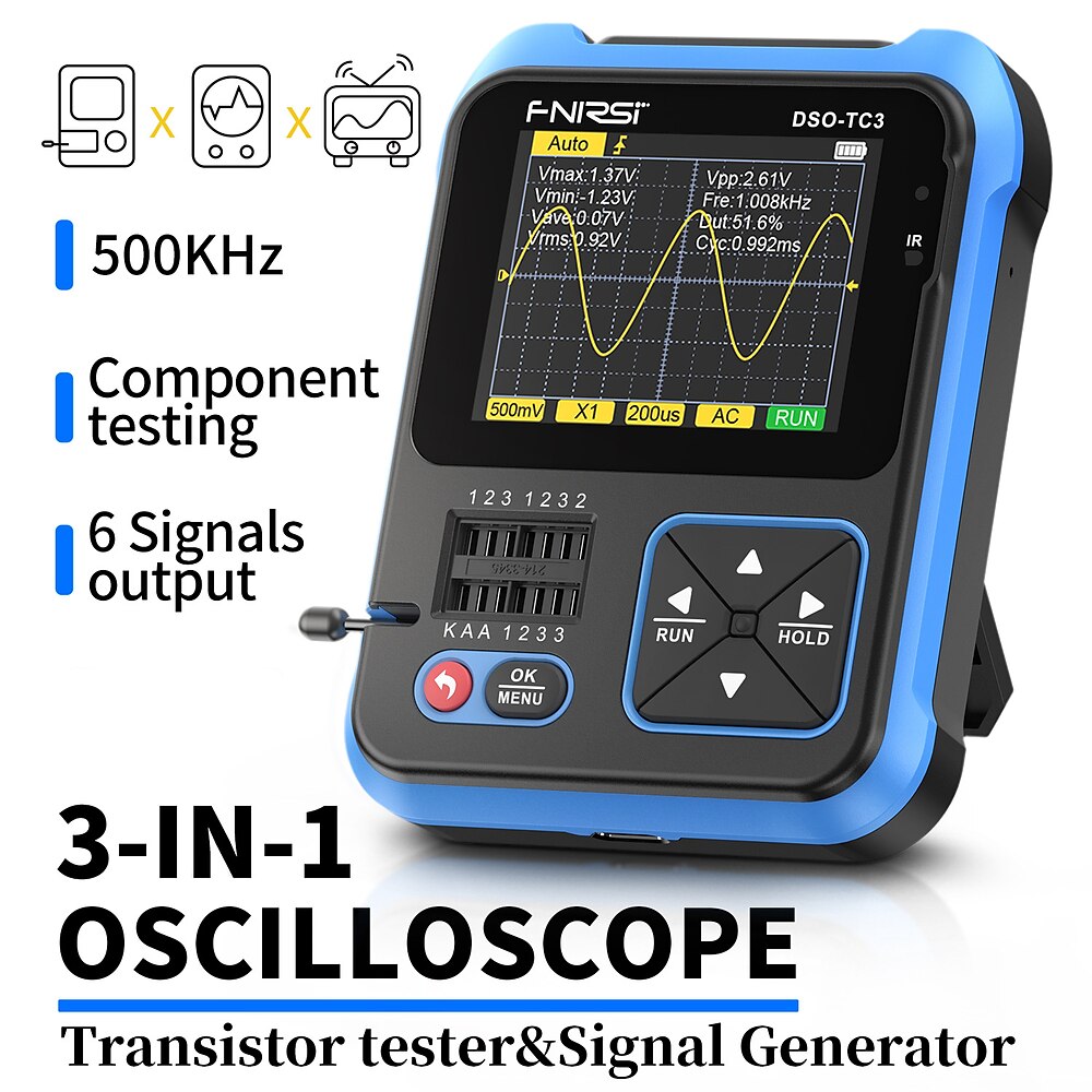 3-in-1-Digitaloszilloskop, tragbares Handoszilloskop, 500-kHz-Bandbreite, über USB aufladbares digitales Transistortestoszilloskop mit 2,4-Zoll-HD-Farbbildschirm Lightinthebox