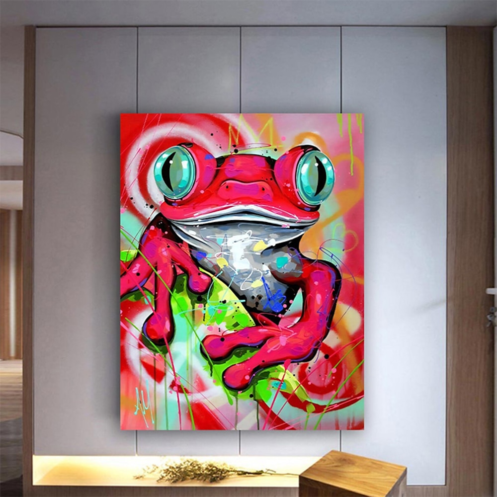 handbemalter roter Frosch, bunter Frosch, Leinwanddekor, Tier-Wanddekor, Froschkunst, Leinwand, lustige Tiere, Wandkunst, moderne gerollte Leinwand (ohne Rahmen) Lightinthebox