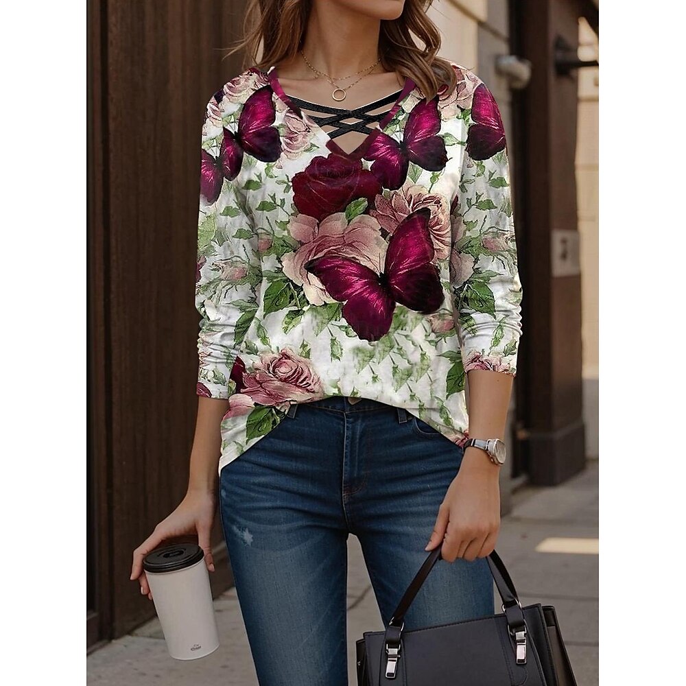 Damen T Shirt Brautkleider schlicht Blumen Schmetterling Normale Oberteile Langarm V Ausschnitt Ausgeschnitten Bedruckt Regular Fit Täglich Rote Frühling Herbst Lightinthebox