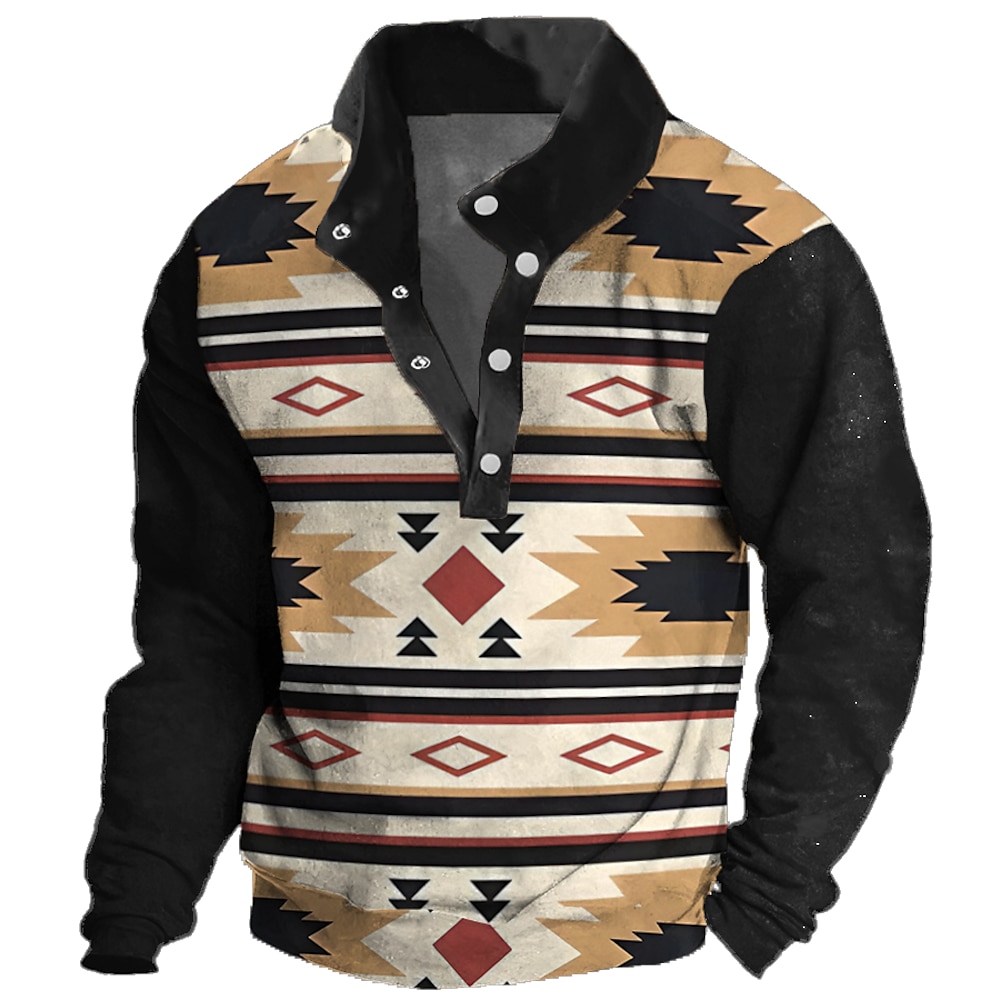 Weihnachten Herren Plaid Ethnisch Pullover Sweatshirt Pullover Sweatshirt mit Kapuze Ständer Täglich Print Festtage Urlaub Schwarz Knopf Frühling Herbst Designer Lightinthebox