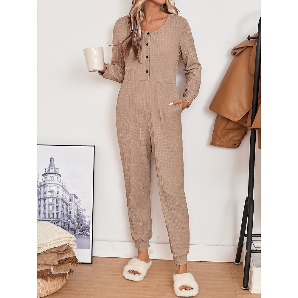 Damen-Onesie, einfarbig, lässig, bequem, bequem, für zu Hause, Rundhalsausschnitt, lange Ärmel, Knöpfe, Tasche, Struktur, Khaki, Frühling/Herbst, S, M, L, XL, XXL Lightinthebox