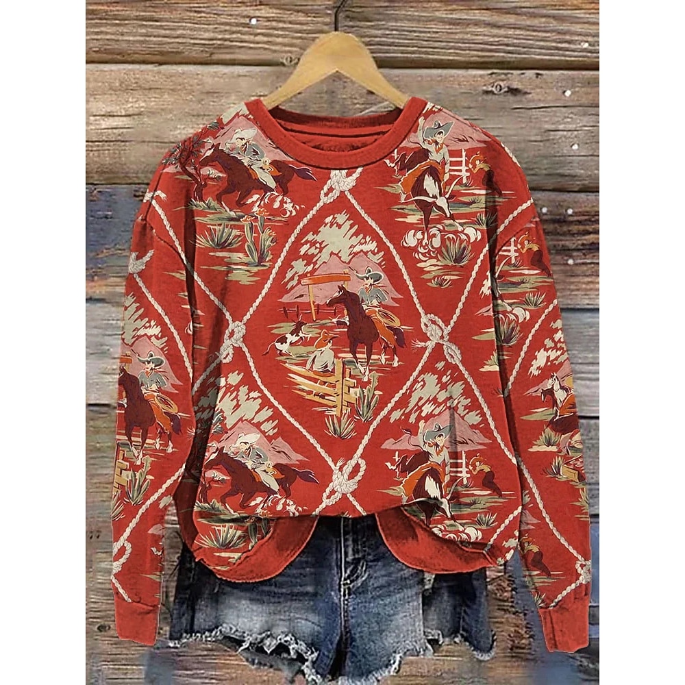 Damen Sweatshirt Pullover Polyester Graphic Plaid Stammes Heim Arbeit Patchwork Bedruckt Vintage Western Druck Rundhalsausschnitt Langarm Mikro-elastisch Herbst Winter Lightinthebox