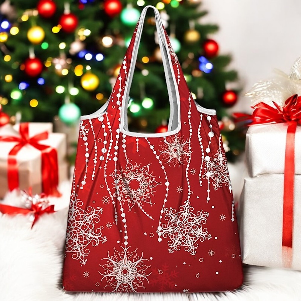 Damen Stoffbeutel Hobo Tasche Umhängetaschen Polyester Weihnachten Einkauf Casual Bedruckt Hohe Kapazität Klappbar Leichtgewichtig Schneeflocken Rot Blau Purpur Lightinthebox