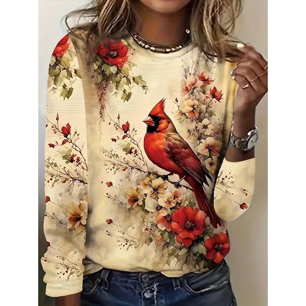 Damen T Shirt Modisch Modern Brautkleider schlicht Blumen Vogel Normale Oberteile Langarm Rundhalsausschnitt Bedruckt Regular Fit Täglich Wochenende Gelb Herbst Winter Lightinthebox