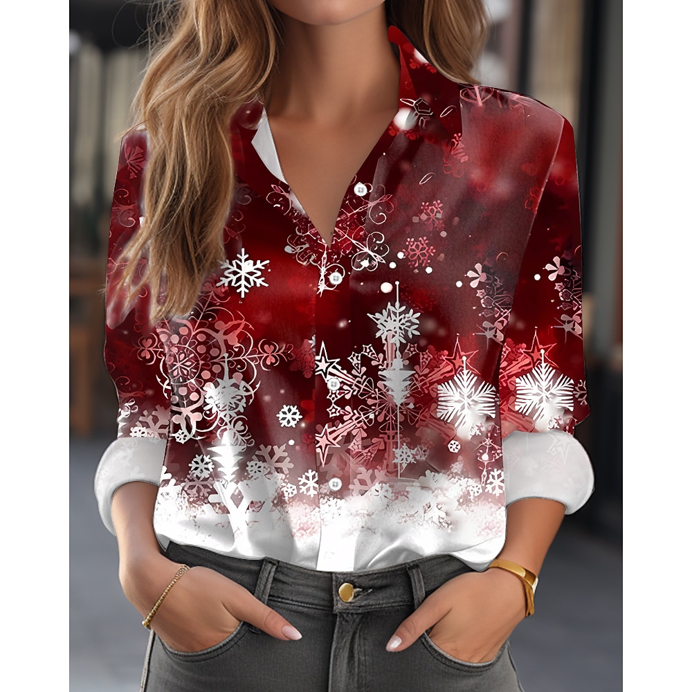 Damen Hemd Bluse Casual Schneeflocke Regular Tops Langarm Hemdkragen Patchwork Knöpfe Print Regular Fit Alltag Wein Herbst Winter Lightinthebox