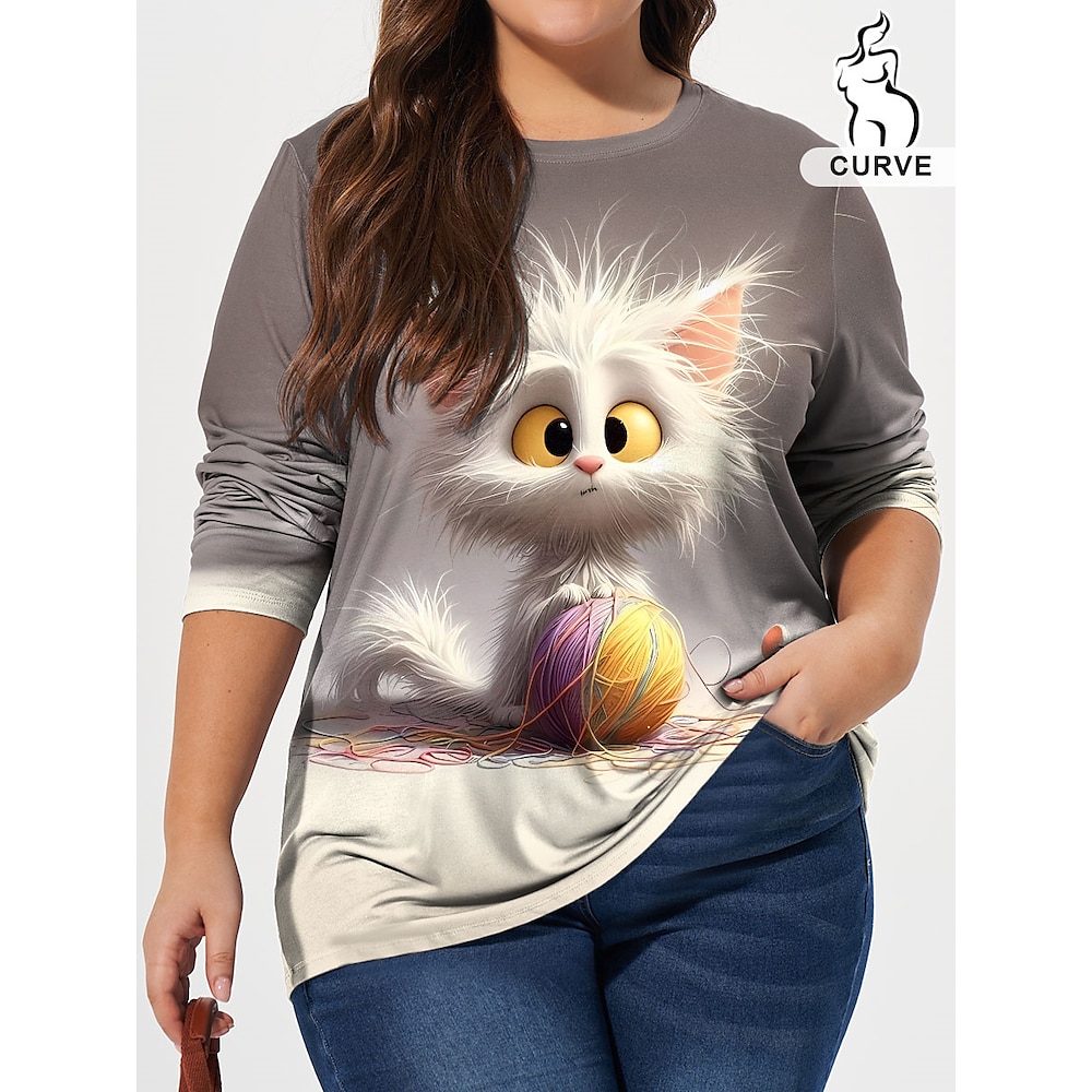 Damen Übergröße Oberteile T Shirt Katze Bedruckt Langarm Rundhalsausschnitt Brautkleider schlicht Täglich Polyester Herbst Winter Grau Lightinthebox