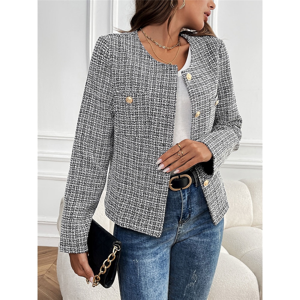 Damen Freizeitjacke warm halten Atmungsaktiv Strasse Freizeitskleidung Urlaub Ausgehen Knopf Einreihiger Verschluss Rundhalsausschnitt Brautkleider schlicht Plaid Regular Fit Oberbekleidung Langarm Lightinthebox