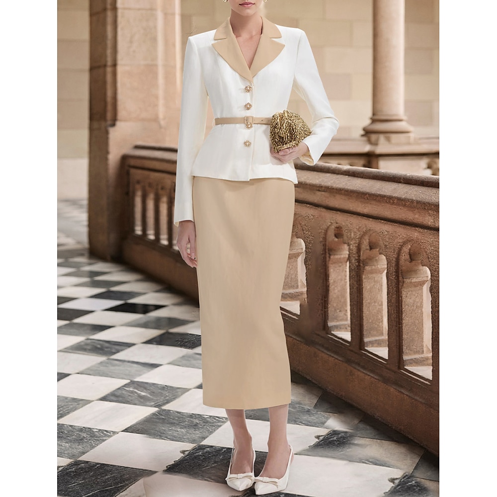 Zweiteiler Eng anliegend Cocktailkleider Elegant Kleid Formal Weihnachten Knie-Länge Langarm Fallendes Revers Stretch-Krepp mit Schlitz 2024 Lightinthebox