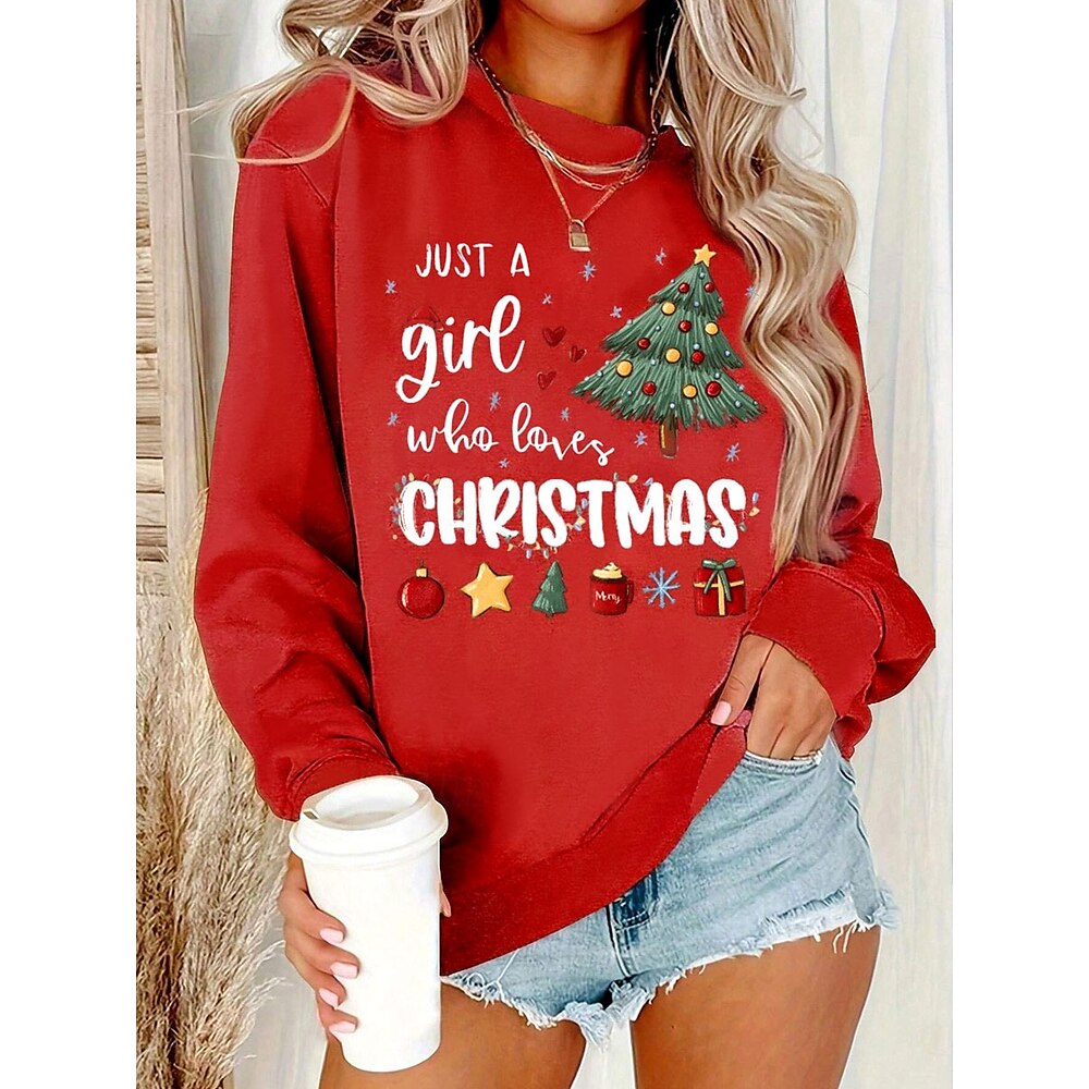 Damen Sweatshirt Pullover Polyester Weihnachtsbaum Weihnachten Strasse Bedruckt Brautkleider schlicht Rundhalsausschnitt Langarm Mikro-elastisch Herbst Winter Lightinthebox