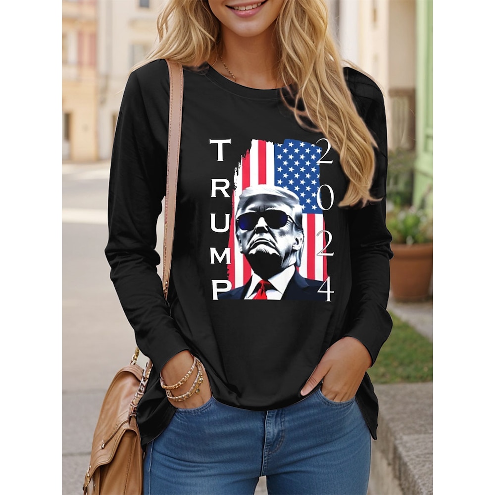 Damen Trump T-Shirt Daily Weekend Grafik Buchstaben Street Casual Langarm Schwarz Herbst Winter Lightinthebox